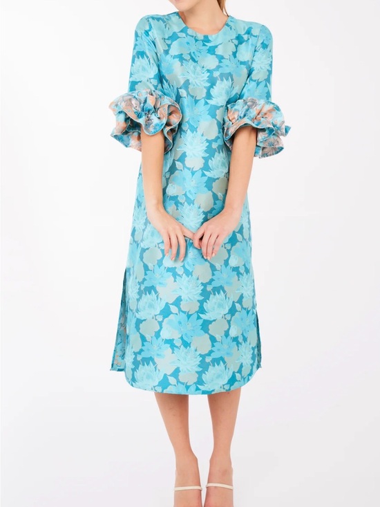 Abbey Glass Dresses & Skirts - Abbey Glass Floral Midi Dress with Statement Ruffle Sleeves